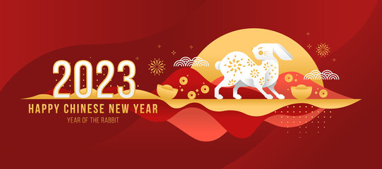 Wall Mural - Happy chinese new year, year of the rabbit - white gold chinese zodiac rabbit on mountain curve with money coin and firework around on red background modern vector design