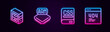 Set line Computer, Processor, Books about programming and Page with 404 error. Glowing neon icon. Vector
