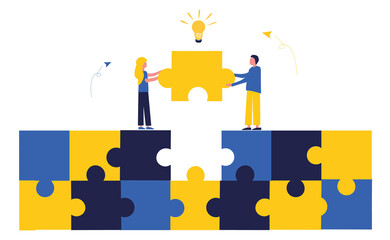 Wall Mural - Business concept. Team metaphor. People connect puzzle elements.  Flat illustration in flat design style. Teamwork, collaboration, partnership. Businessmen working together and moving towards success.