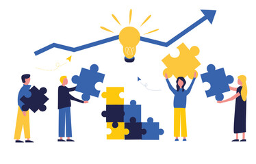 Wall Mural - Business concept. Team metaphor. People connect puzzle elements.  Flat illustration in flat design style. Teamwork, collaboration, partnership. Businessmen working together and moving towards success.