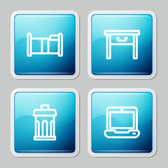 Sticker - Set line Bed, Furniture nightstand, Trash can and Laptop icon. Vector