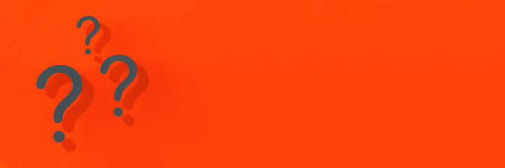 Fototapete - Question marks with shadow on red background.Technical support. Answers to questions. Banner for insertion into site. Place for text cope space. Horizontal image. 3D image. 3D rendering.