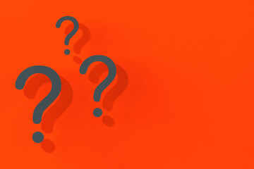 Fototapete - Question marks with shadow on red background.Technical support. Answers to questions. Horizontal image. 3D image. 3D rendering.