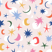 Festive Night Sky Stars Half Moon Multicoloured Cutout Shapes Vector Seamless Pattern. Matisse Inspired Celestial Background. Merry Christmas New Year Holiday Season Print For Gift Wrapping Paper.