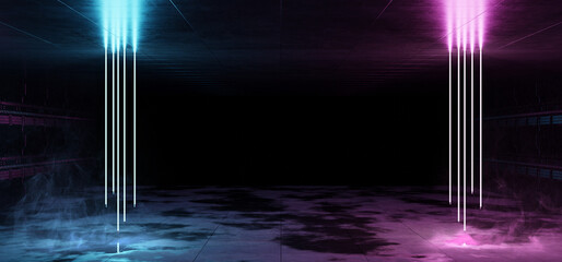 Aufkleber - Futuristic blue and pink neon lights interior. Cyber neon laser tubes in garage room hangar. Sci fi dark tunnel warehouse with metal panels wall lighted. Construction corridor 3d Rendering