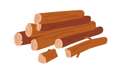 Wood logs pile. Heap of stacked forest lumber, cut timber. Sawn chopped tree trunks, beams lying. Hardwood pieces, wooden material. Flat vector illustration isolated on white background