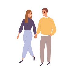 Wall Mural - Love couple walking outdoors, holding hands, talking. Happy smiling young man and woman strolling, going. Romantic people lovers rendezvous. Flat vector illustration isolated on white background