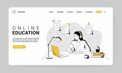 online education concept for landing page. girl study online at computer. vector illustration for la