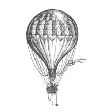 Aerostat Sketch. Retro Hot Air Balloon Hand Drawn Drawing In Vintage Engraving Style. Vector Illustration