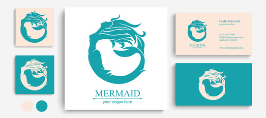 Sticker - Mermaid logo. Brand template vector illustration. Siren and marine girl with a tail. Hand drawn vector illustration for logo and poster