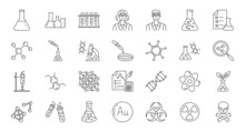 Chemistry Doodle Illustration Including Icons - Flask, Lab Tube, Scientist, Dropper, Petri Dish, Beaker, Experiment, Education, Biotechnology. Thin Line Art About Laboratory Research. Editable Stroke