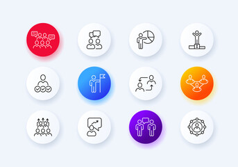 Poster - Infographic set icon. Group work, comments, diagram, pedestal, first place, flag, team building, delegation, etc. Data analysis concept. Vector line icon for Business and Advertising