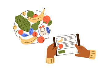 Aufkleber - Buying, ordering groceries via internet. Hands with tablet PC screen choosing food, shopping in supermarket online through web-site. Flat graphic vector illustration isolated on white background