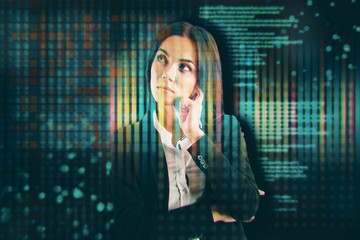 Leinwandbilder - Attractive young european businesswoman standing on abstract glitching background with coding and tech information. Database, html language and science concept. Double exposure.
