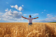 © Ryzhkov Oleksandr - An adult man in a farm field among ripe cereals and raised his arms to the sides.