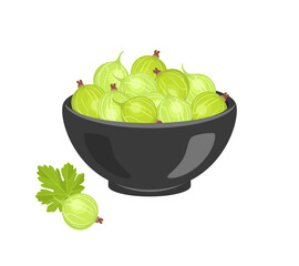 Wall Mural - Gooseberry in black bowl isolated on white. Vector flat icon of fresh ripe berries.