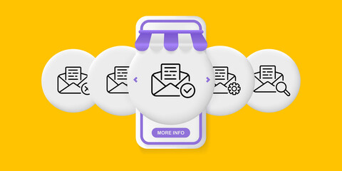 Poster - Working letters set icon. Email, envelope, message, cross, checkmark, rejected, approved, gear, magnifier, search. Business concept. UI phone app screen. Vector line icon for Business and Advertising