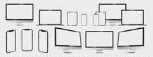 Realistic Mock Up Set Computer, Laptop, Tablet And Phone. Device Screen Mockup Collection. Mock Up Computer, Laptop, Tablet, Phone. Vector Illustration EPS 10
