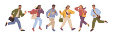 Male And Female Characters Hurrying Up, Isolated People In Rush. Running And Moving Quickly And Fast, Person With Bag On Shoulder, Student And Teenagers. Vector In Flat Style Illustration