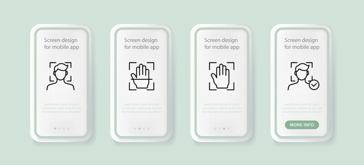Poster - Biometric data set icon. Fingerprint, face id, recognition, hand, approved, allowed, person, checkmark. Technology concept. UI phone app screens. Vector line icon for Business and Advertising