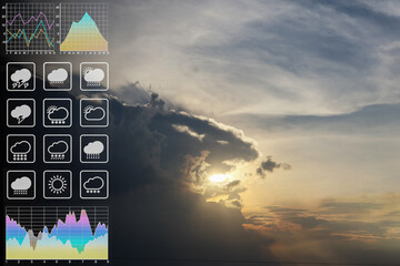 Wall Mural - weather forecast symbol data presentation with graph and chart on dramatic atmosphere panorama view 
