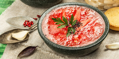 Watermelon gazpacho, traditional Spanish summer cold soup