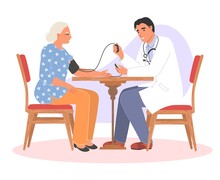 Doctor Measuring Old Patient Blood Pressure Vector