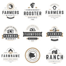 Farmers Market Logos Templates Vector Objects Set. Logotypes Or Badges Design. Trendy Retro Style Illustration, Farm Natural Organic Products Food, Rooster, Pig Head And Ranch Silhouettes.