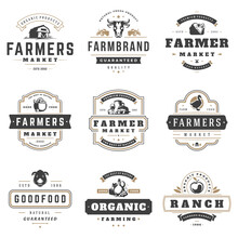 Farmers Market Logos Templates Vector Objects Set. Logotypes Or Badges Design. Trendy Retro Style Illustration, Farm Natural Organic Products Food, Rooster, Pig Head And Ranch Silhouettes.