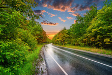 Asphalt Wet Road Panorama In Countryside On Rainy Summer Day. Autumn Rain Road Through Forest Under Dramatic Sunset Cloudy Sky