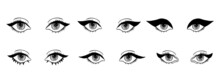 Collection Of Various Types Of Eyeliner Makeup. Beautiful Woman Eyes With Black Arrows. Illustration How Look Can Change Depending Of Make-up.