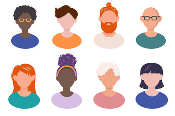 Set of unidentified people avatars. Diverse group of women and men in various ages, skin colors, nationalities. Faceless portraits.