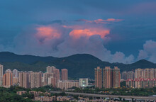 Dynamic Cloud Over Resiential District Of Hong Kong At Dusk