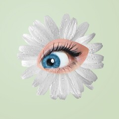 Sticker - White camomile flower with girl's eye inside it on background. Modern design. Eyeball in flower. Surrealism, minimalism