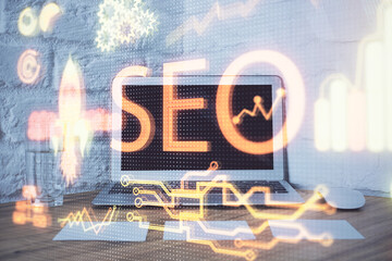 Aufkleber - Double exposure of table with computer and seo drawing hologram. Search optimization concept.