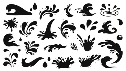 Wall Mural - Water drops, black sea ocean waves stencil. Liquid elements, cry droplet icons vector set. Ink, sauce, river isolated splashes