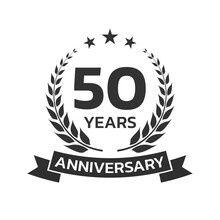 50 Years Anniversary Laurel Wreath Logo Or Icon. Jubilee, Birthday Badge, Label Or Emblem. 50th Celebration Design Element. Vector Illustration.
