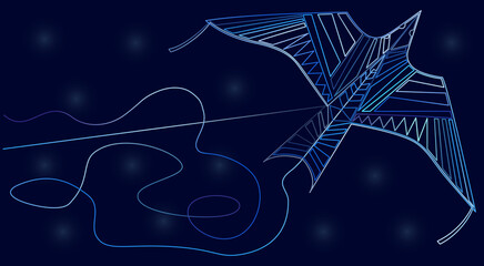 Wall Mural - Original gradient graphic wallpaper. A bird-shaped kite is drawn in a single line painted in a blue gradient. Dark blue background color.