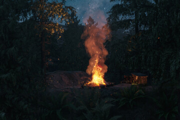 Wall Mural - 3d rendering of a forest night scene with big bonfire