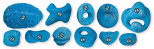 Set Collection Of Various Blue Artificial Climbing Holds Isolated On White Background Wth Clipping Path. Indoor Sport Bouldering Extreme Sport Concept