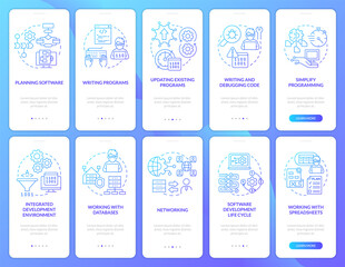 Programmer skills blue gradient onboarding mobile app screen set. Walkthrough 5 steps graphic instructions pages with linear concepts. UI, UX, GUI template. Myriad Pro-Bold, Regular fonts used