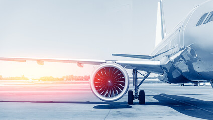 airport banner, modern aircraft on airfield, blue color with sunlight