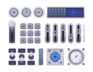 Poster - Control panels. Ui elements buttons checkboxes switch dots electric meter display music amplified volume control dashboards garish vector templates