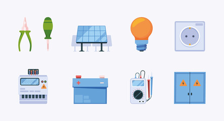 Sticker - Electricity tools. Industrial power equipment glowing lightning electric meters garish vector colored symbols