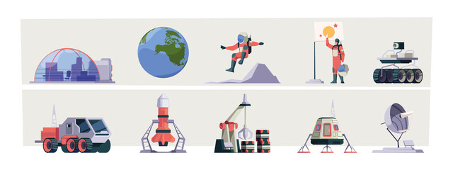 Wall Mural - space exploring. astronaut adventure spacesuit rocket transport spacecraft vehicles garish vector ca