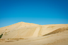 Golden Hills Of Giant Sand Dunes Under Cloudless Blue Sky. Tiny Figures Of People Climbing Up The Dunes Demonstrate The Scale Of Formation. Te Paki, Northland, New Zealand
