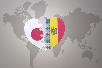 puzzle heart with the national flag of japan and moldova on a world map background. Concept. 3D illustration