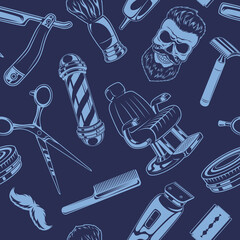 Poster - Barber shop pattern. Vintage hairstyles symbols scissors and blade for male beard hairs exact vector seamless background