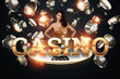 © Aliaksandr Marko - Casino, A beautiful young girl in a golden dress stands at the blackjack game table. black and gold design, Gambling, luxury style, Baccarat. casino win poster