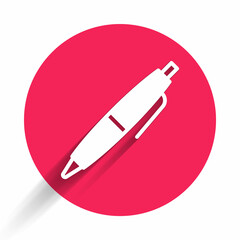 Poster - White Pen icon isolated with long shadow background. Red circle button. Vector